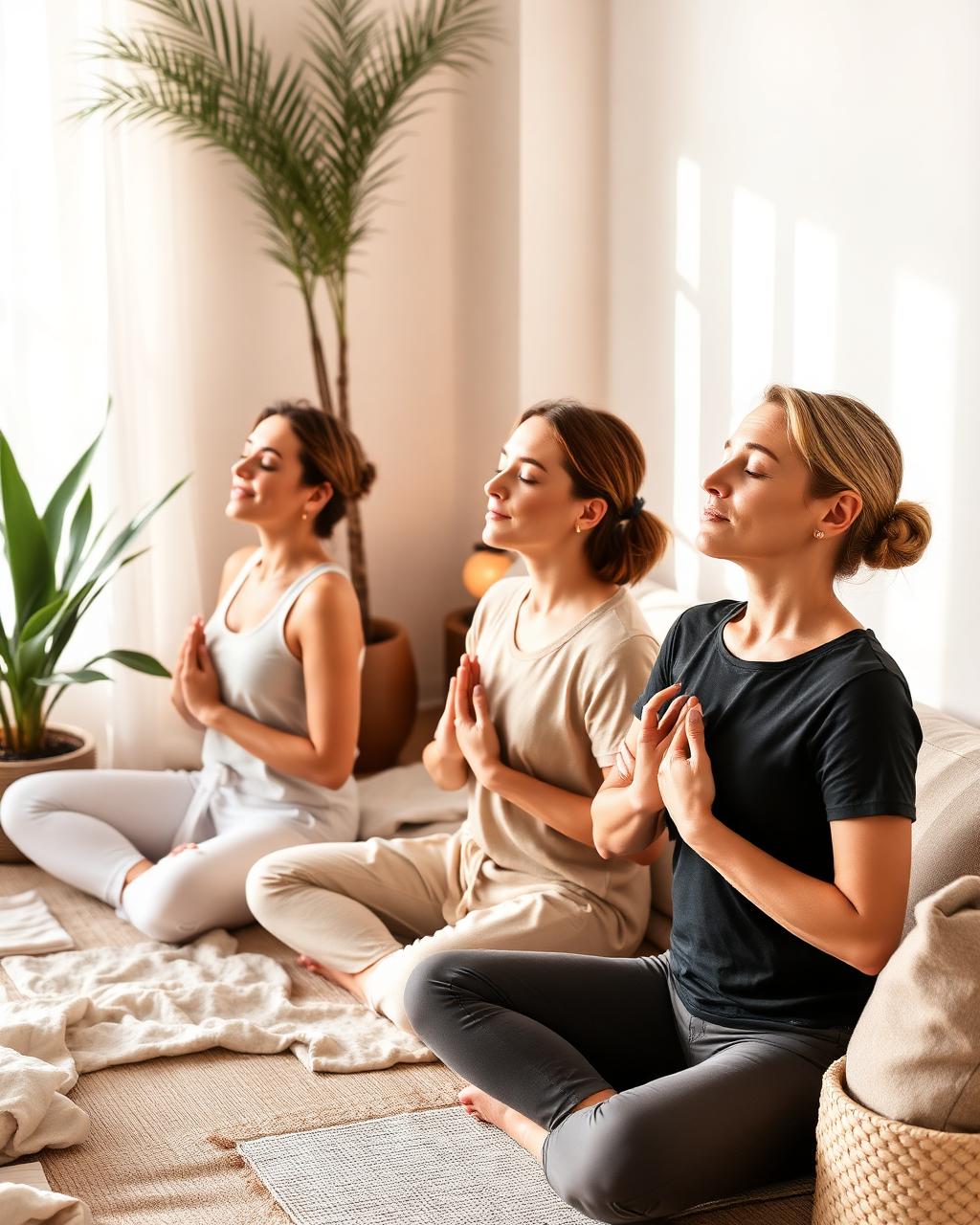 Women doing a guided breathwork session in a calm wellness corner